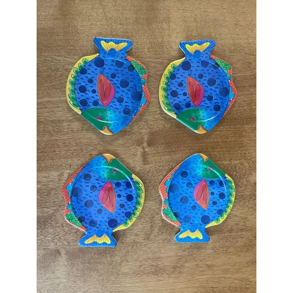 Vintage Coaster Set Plastic Fish Shape MCM Colorful Atomic Retro 80s Beach House